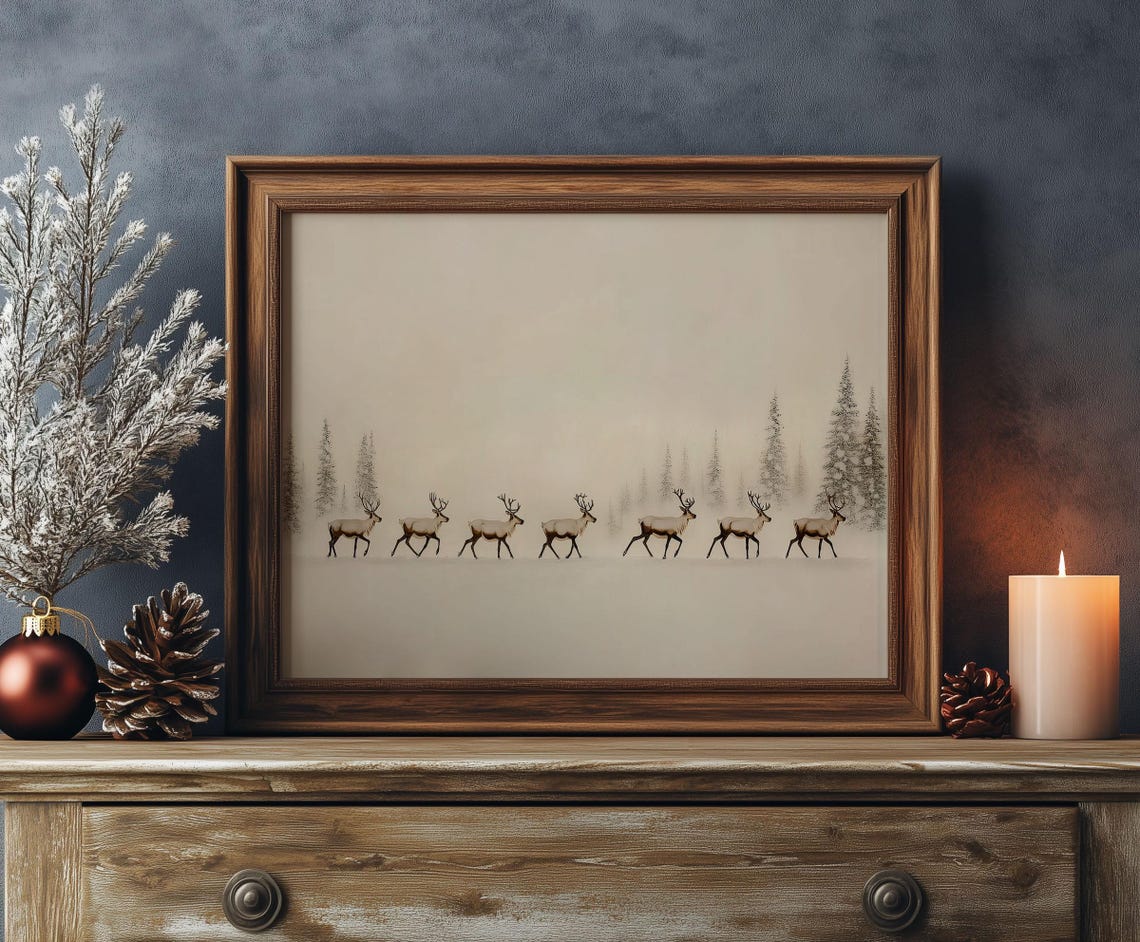 Seven Reindeer Walking Through Misty Snow Winter Landscape Poster - Image 4
