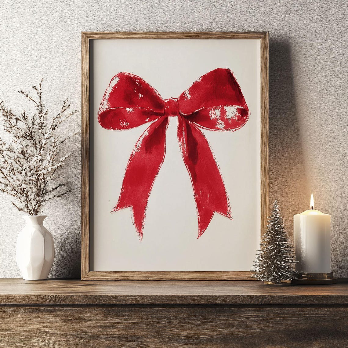 Bright Red Ribbon Bow Watercolor Painting Minimalist Wall Art - Image 3
