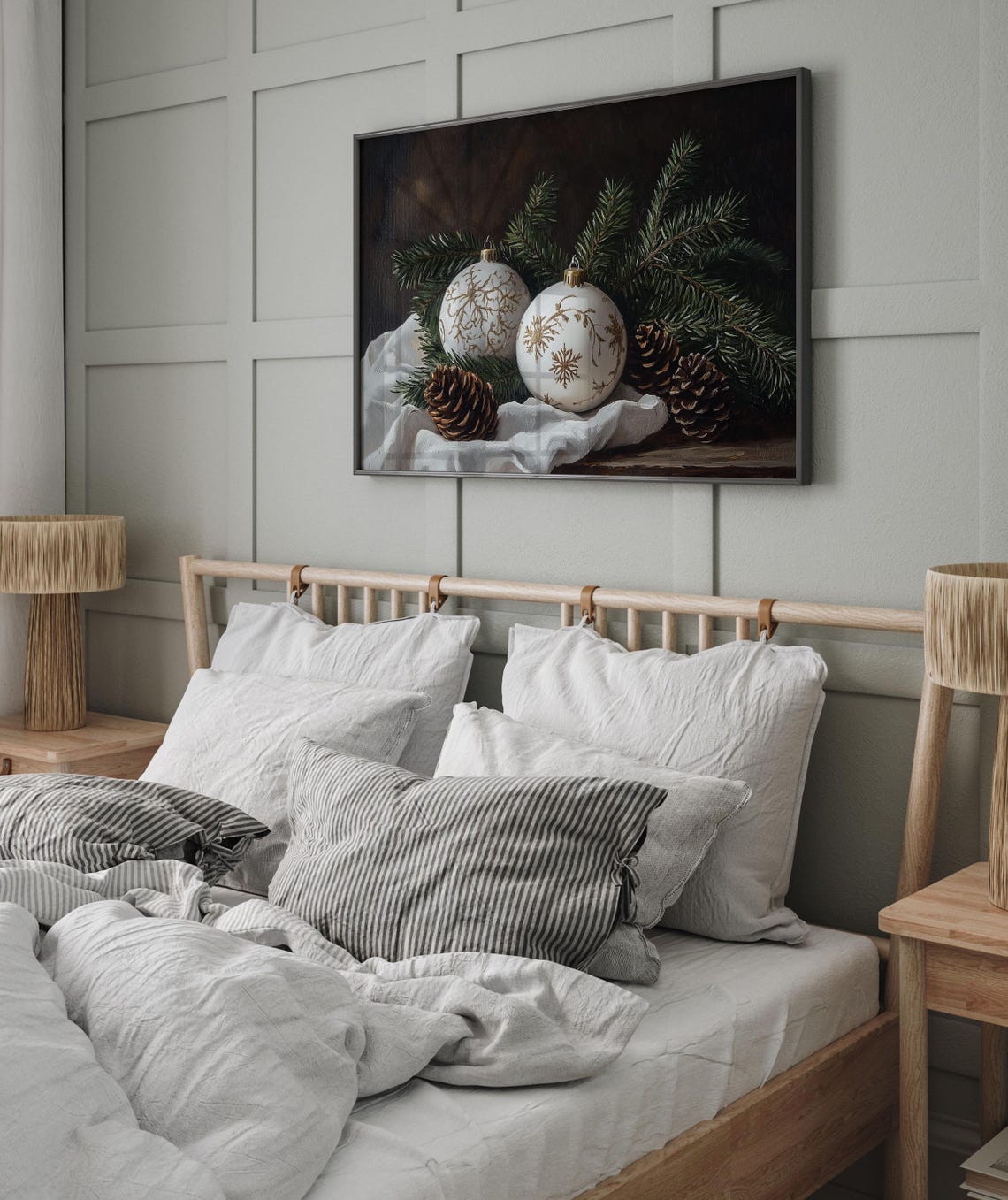 White Gold Christmas Ornaments Pinecones Rustic Still Life Poster - Image 2