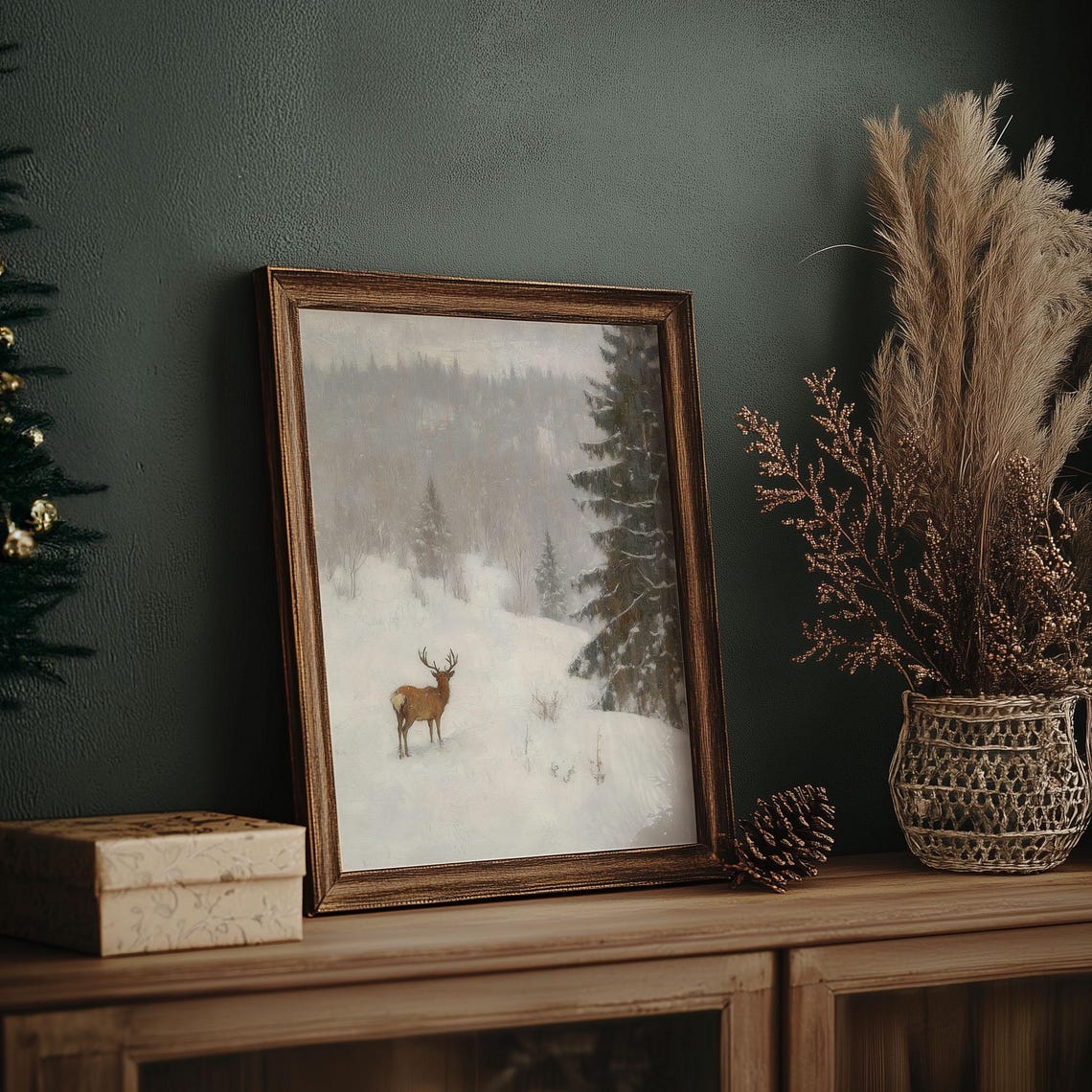 Lone Deer in Vast Misty Snowy Landscape Muted Winter Oil Poster - Image 7