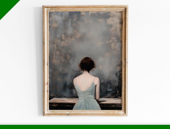 Woman in Blue Dress from Behind Moody Vintage Interior Wall Art