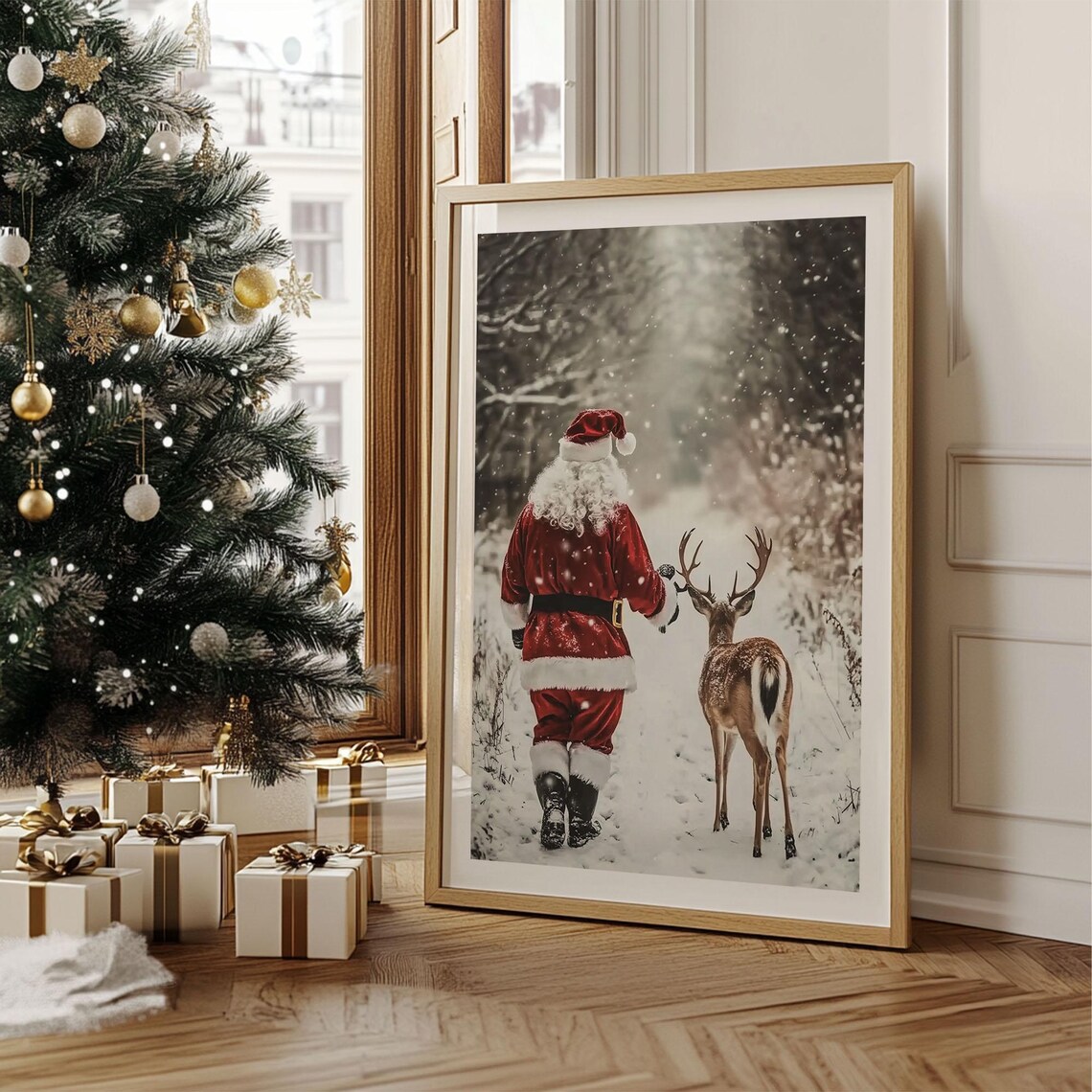 Santa Claus Walking with Deer in Snowy Forest Winter Scene Poster - Image 2