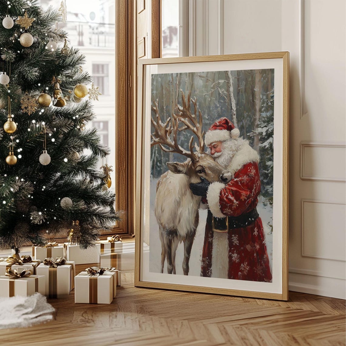 Santa Claus Hugging Reindeer in Snowy Forest Christmas Wall Art - Image 4