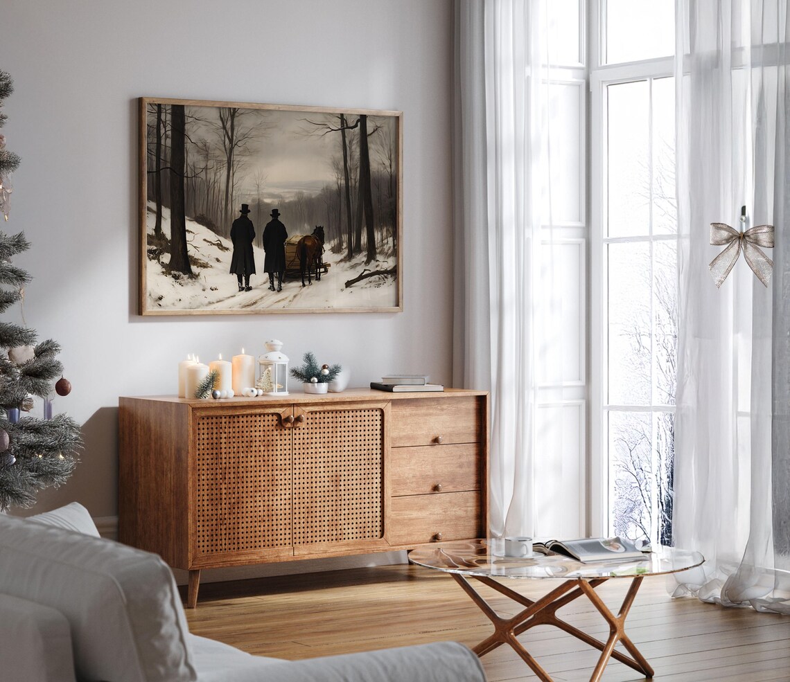Victorian Gentlemen Horse Sled Snowy Forest Oil Painting Poster - Image 6