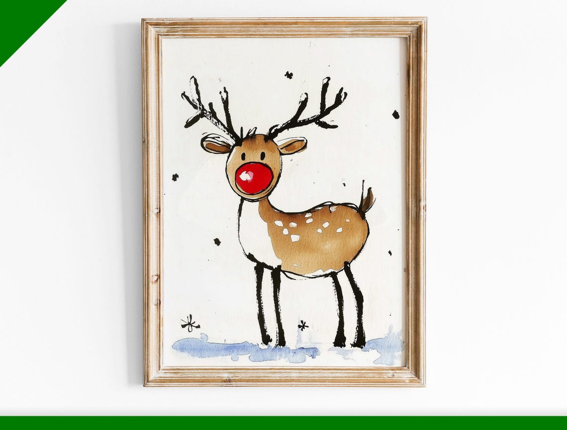 Cute Red Nose Reindeer Ink Watercolor Whimsical Christmas Poster