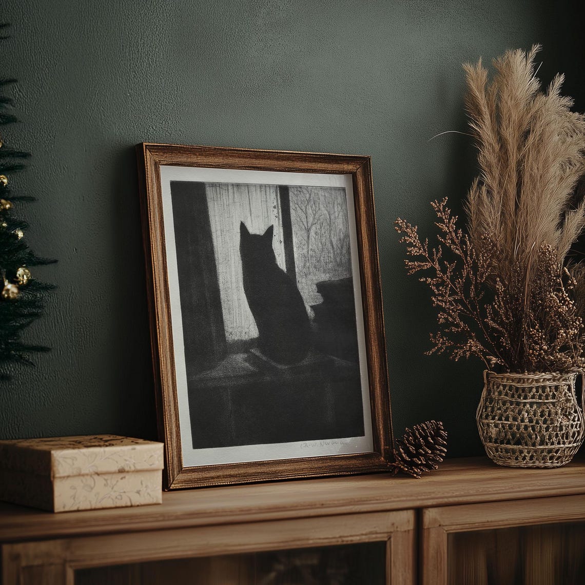 Black Cat Silhouette at Window Charcoal Drawing Vintage Poster - Image 6