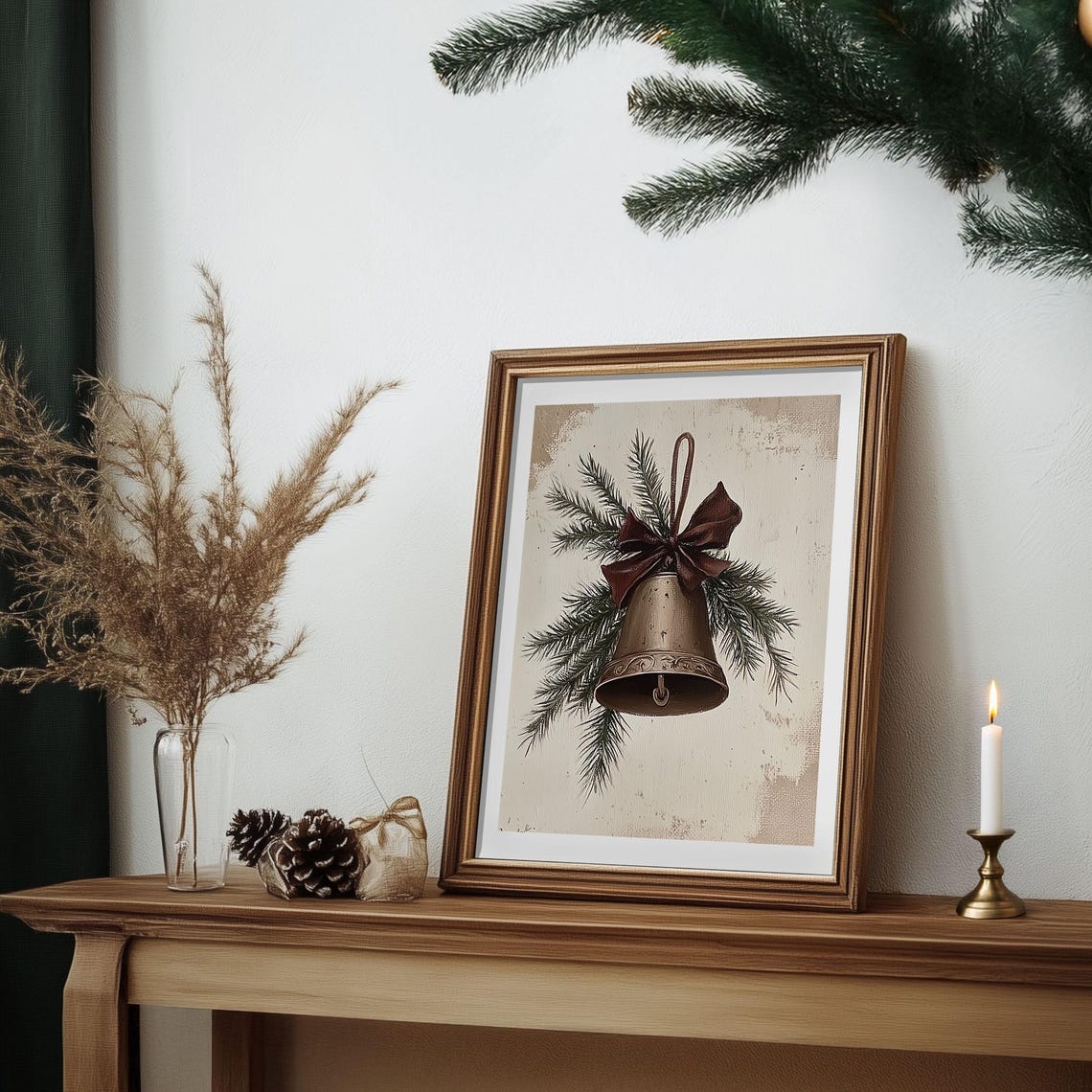 Antique Brass Bell With Burgundy Bow Pine Sprigs Rustic Poster - Image 4
