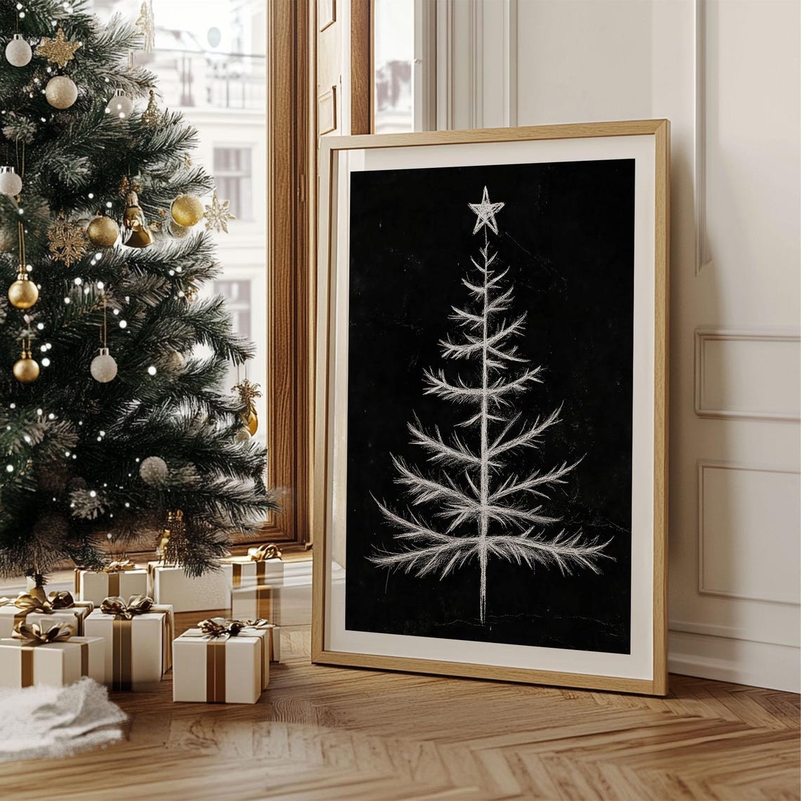 White Chalk Christmas Tree Drawing on Black Chalkboard Wall Art - Image 2