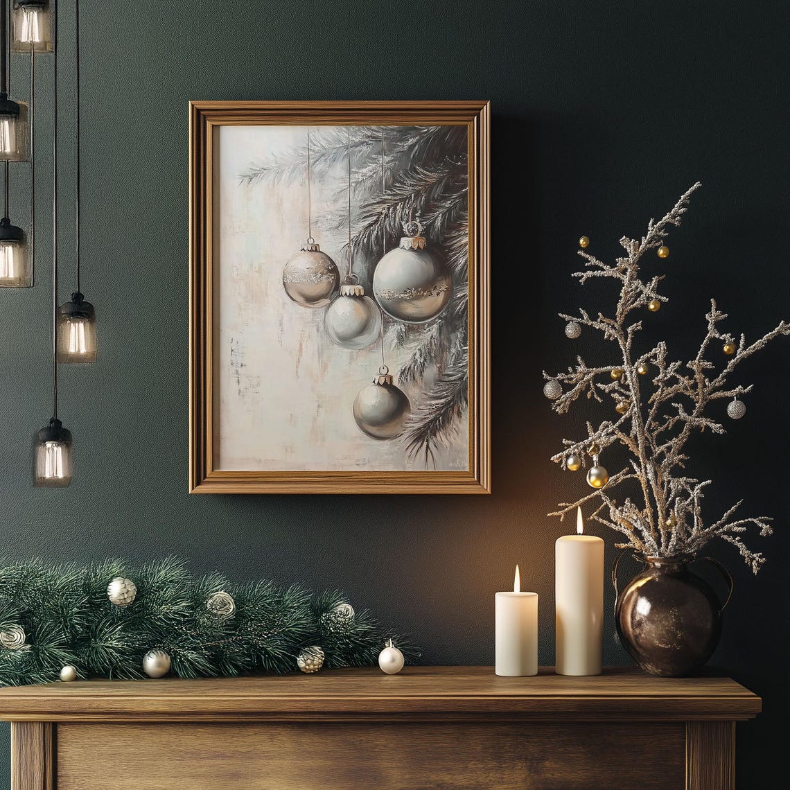Silver Baubles Hanging Among Frosted Branches Elegant Christmas Poster - Image 5