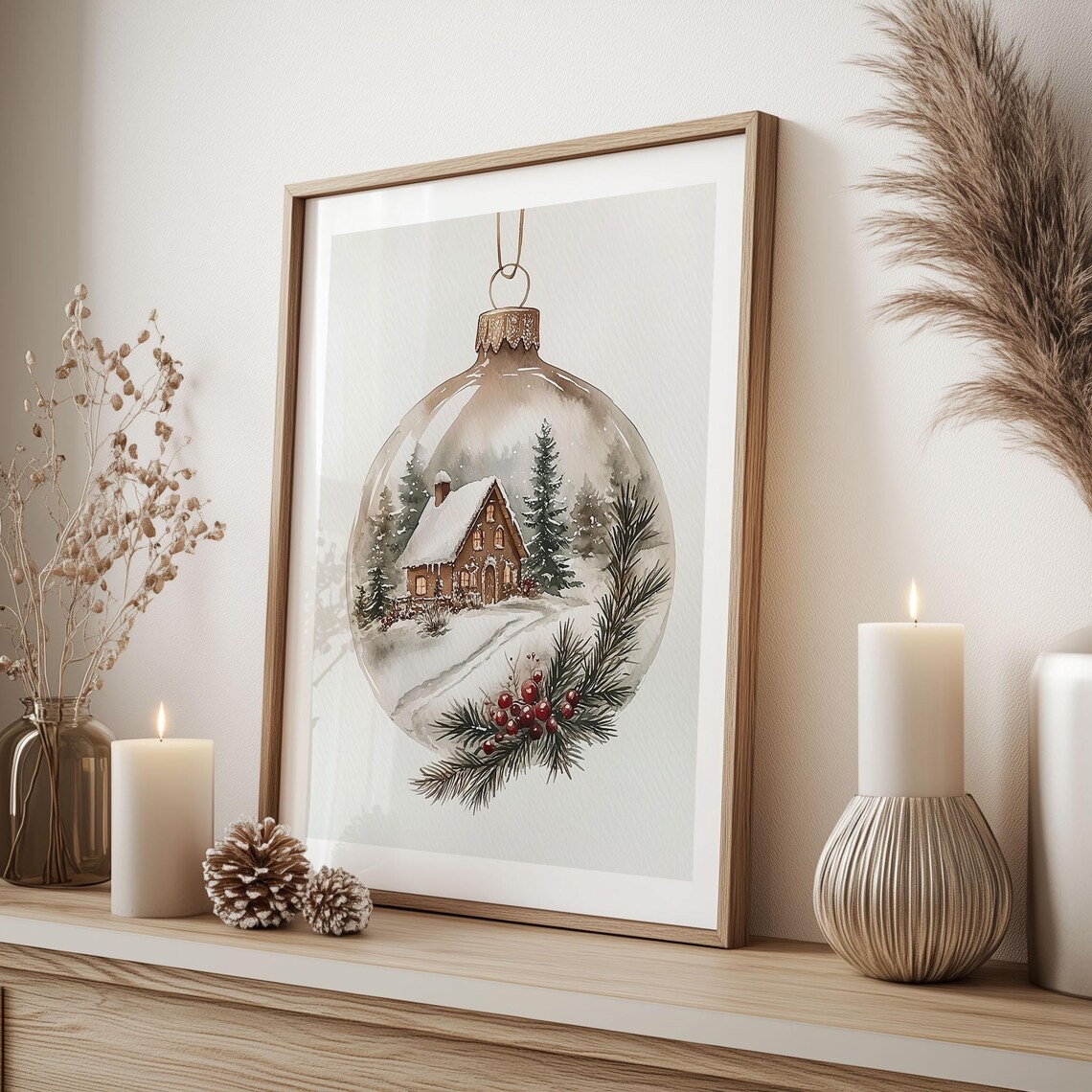 Snow Cabin Glass Ornament Village Watercolor Christmas Wall Art - Image 3