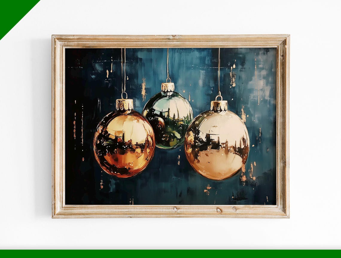 Copper and Green Hanging Christmas Baubles Dark Blue Oil Poster