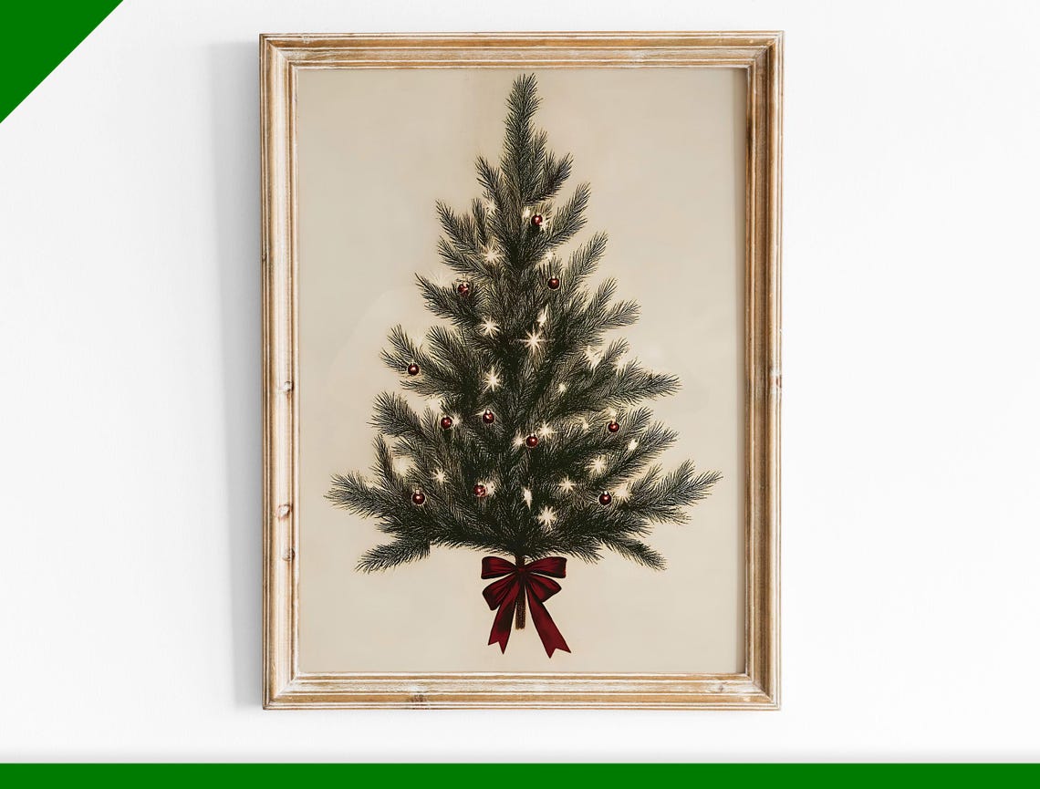 Sparse Minimalist Christmas Tree with Lights and Red Bow Poster