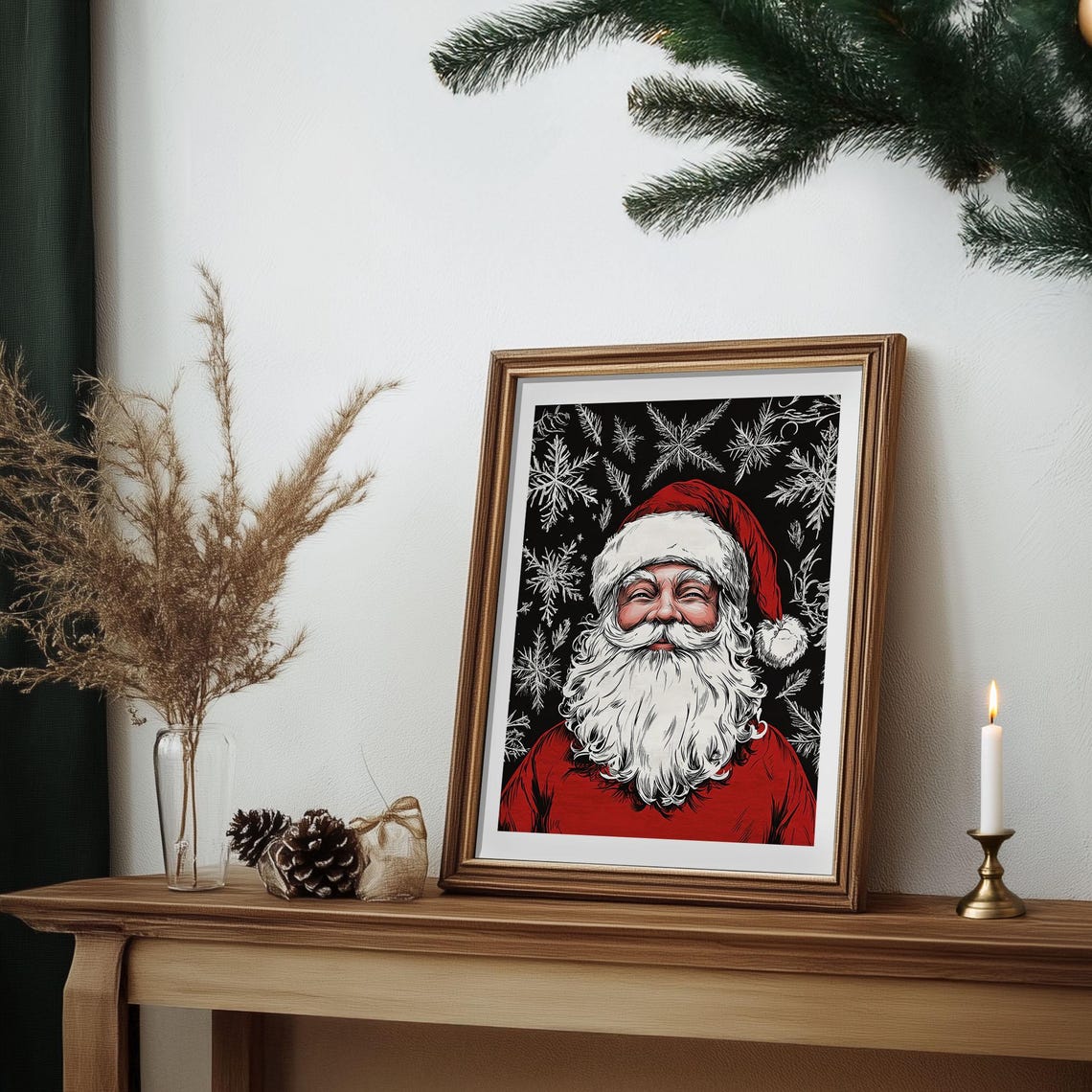 Smiling Santa Claus Portrait on Black Snowflake Background Poster - Image 6