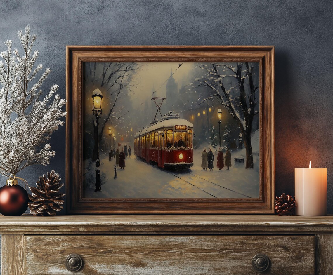 Red Tram in Snowy City Street at Night Vintage Winter Travel Poster - Image 4