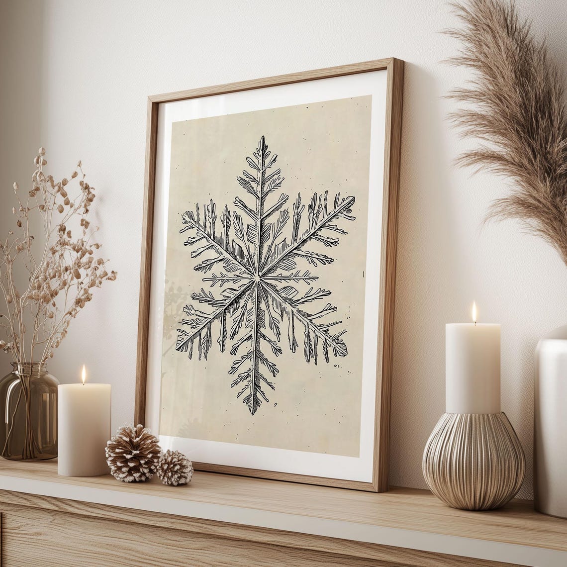 Vintage Botanical Snowflake Pencil Sketch Cream Background Poster - Image 3