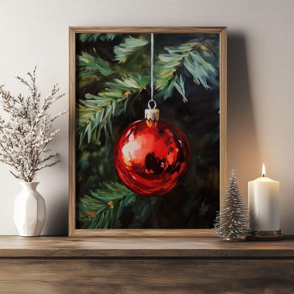 Single Red Bauble on Pine Branch Close Up Christmas Ornament Poster - Image 4