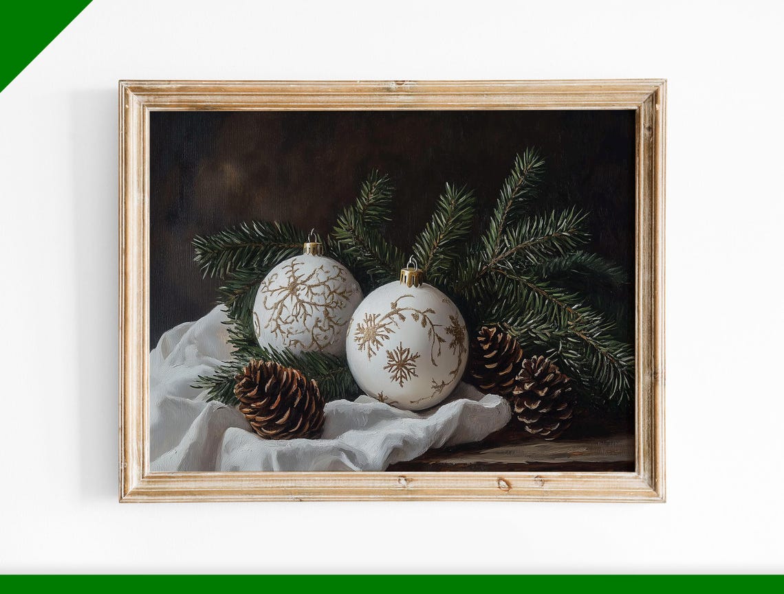 White Gold Christmas Ornaments Pinecones Rustic Still Life Poster
