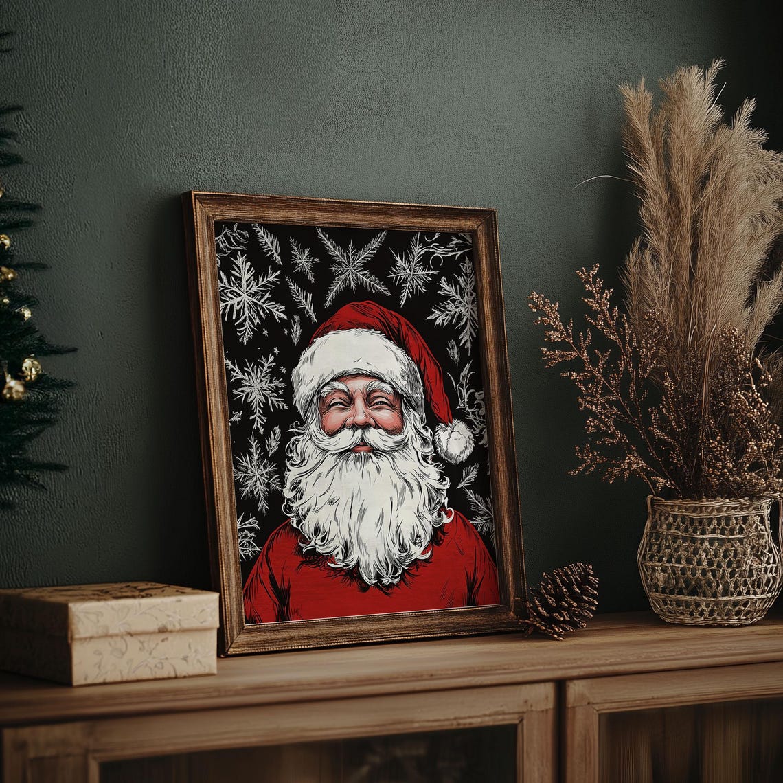 Smiling Santa Claus Portrait on Black Snowflake Background Poster - Image 7