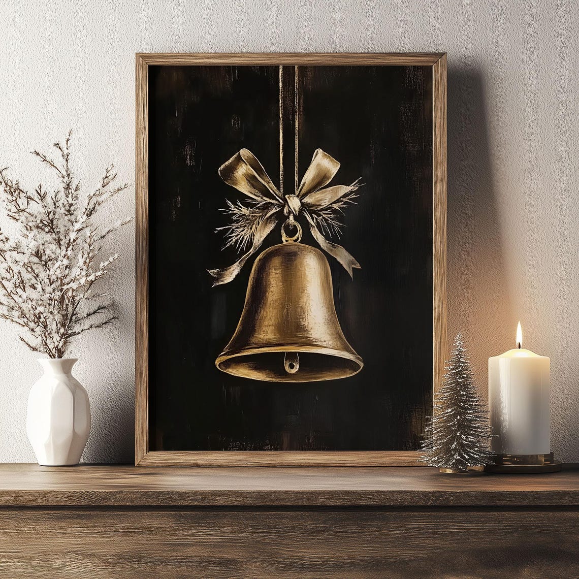 Golden Christmas Bell with Ribbon Bow on Black Vintage Poster - Image 6