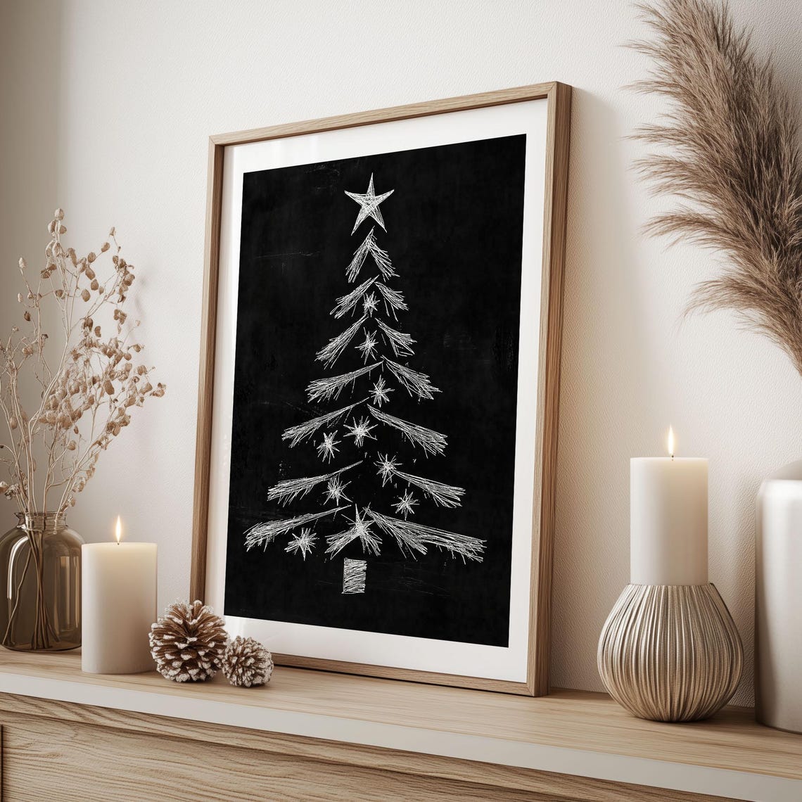 White Chalk Christmas Tree with Star on Black Chalkboard Poster - Image 2