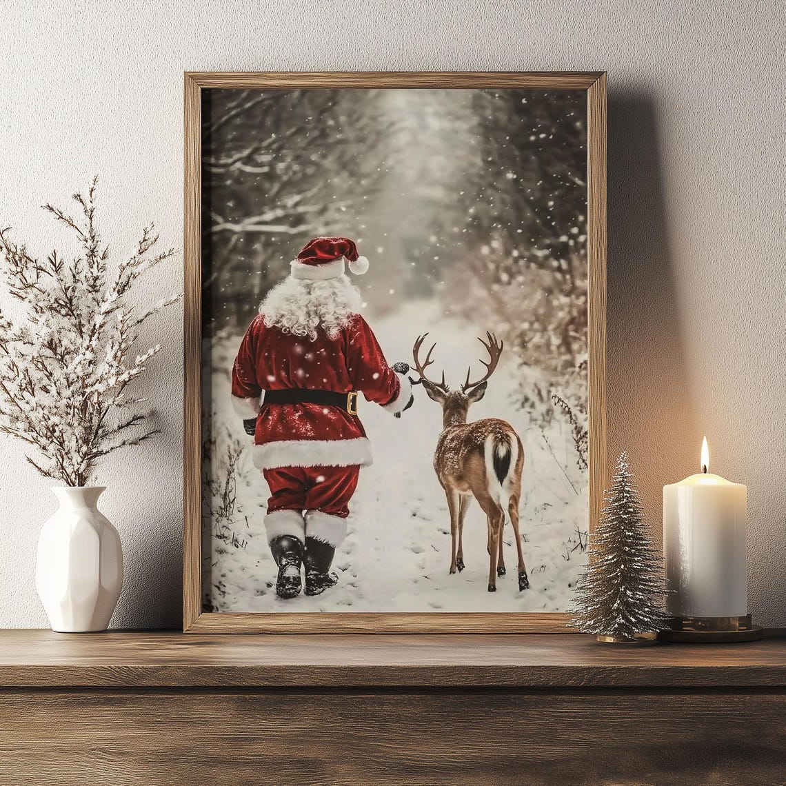 Santa Claus Walking with Deer in Snowy Forest Winter Scene Poster - Image 6
