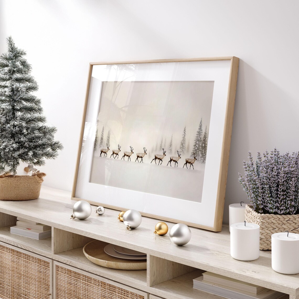 Seven Reindeer Walking Through Misty Snow Winter Landscape Poster - Image 3