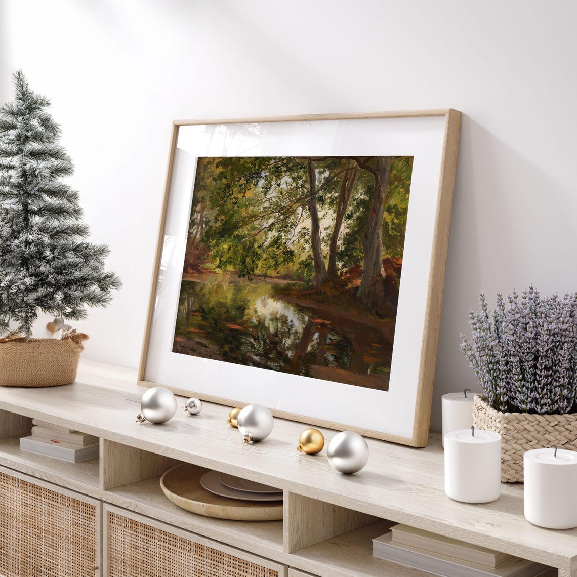Forest Pond Reflections Green Summer Oil Painting Landscape Poster - Image 2