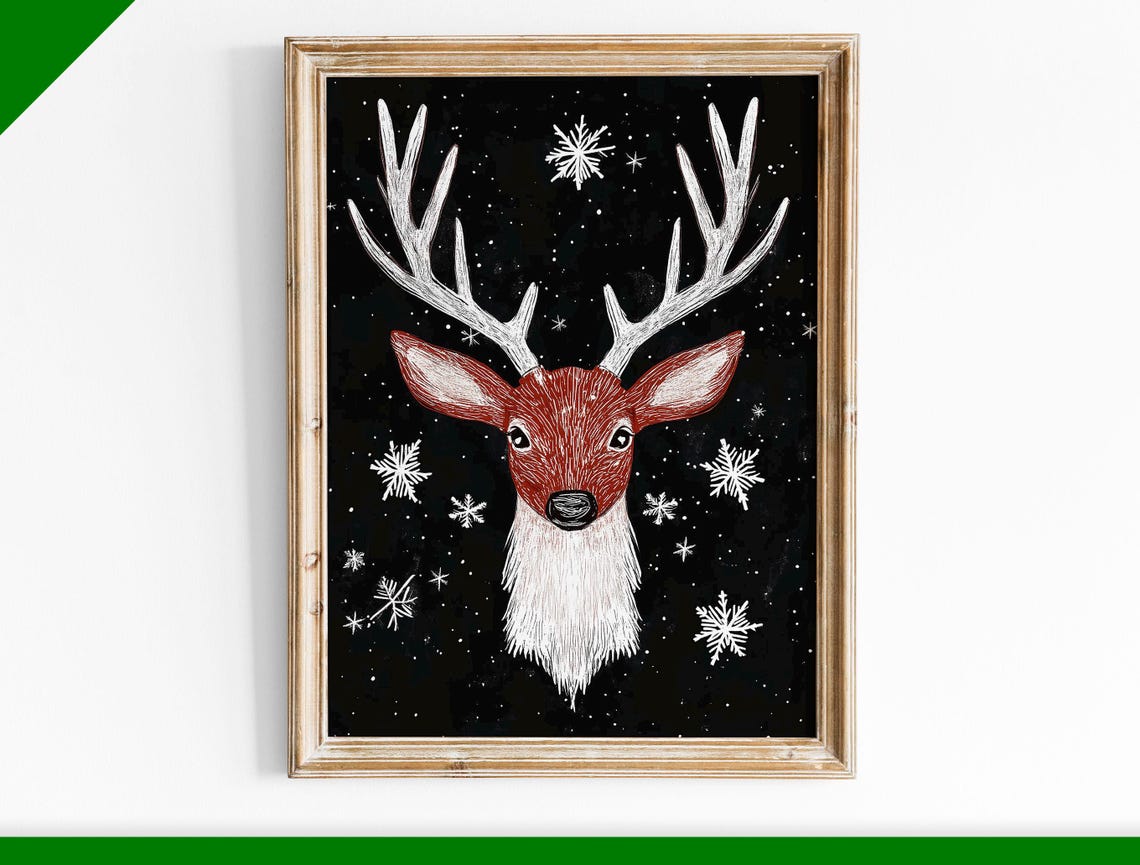 Red Deer Head Chalkboard Art with Snowflakes Black Christmas Poster
