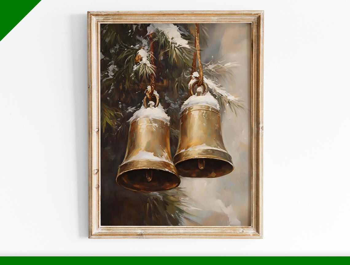 Two Snow Dusted Brass Bells Hanging on Pine Branch Christmas Poster