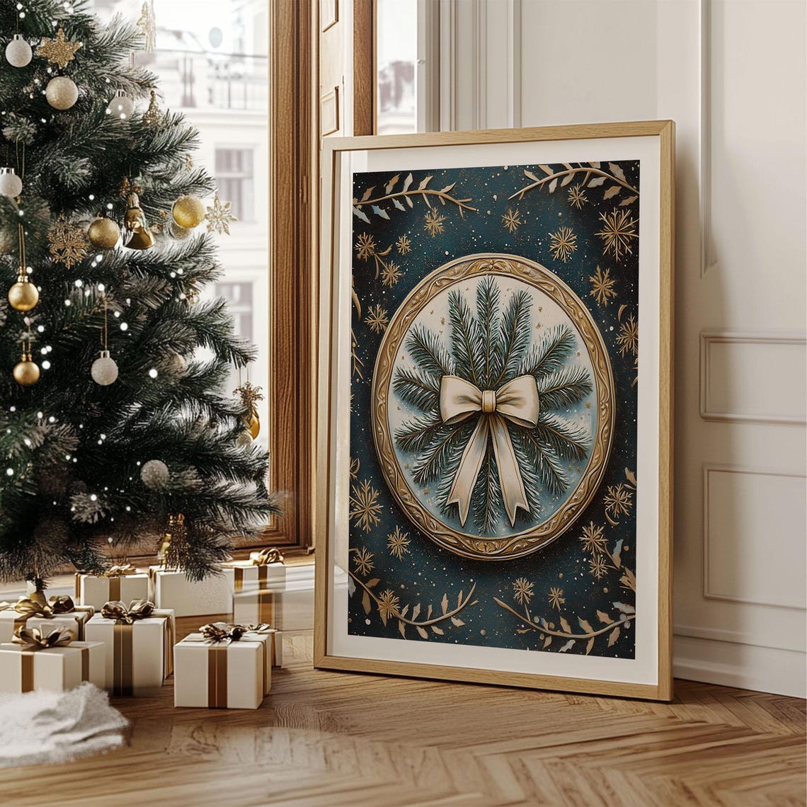 Frosted Pine Wreath Ivory Bow Vintage Holiday Medallion Poster - Image 2