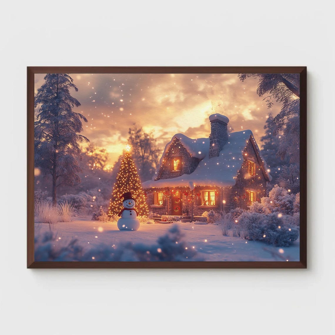 Snowy Christmas Cabin Snowman Lit Tree Winter Evening Poster
