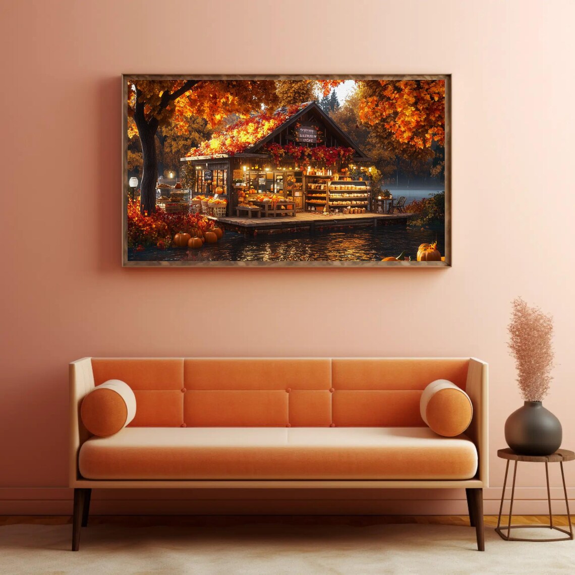 Autumn Lakeside Harvest Cabin Pumpkin Market at Golden Hour Poster - Image 2