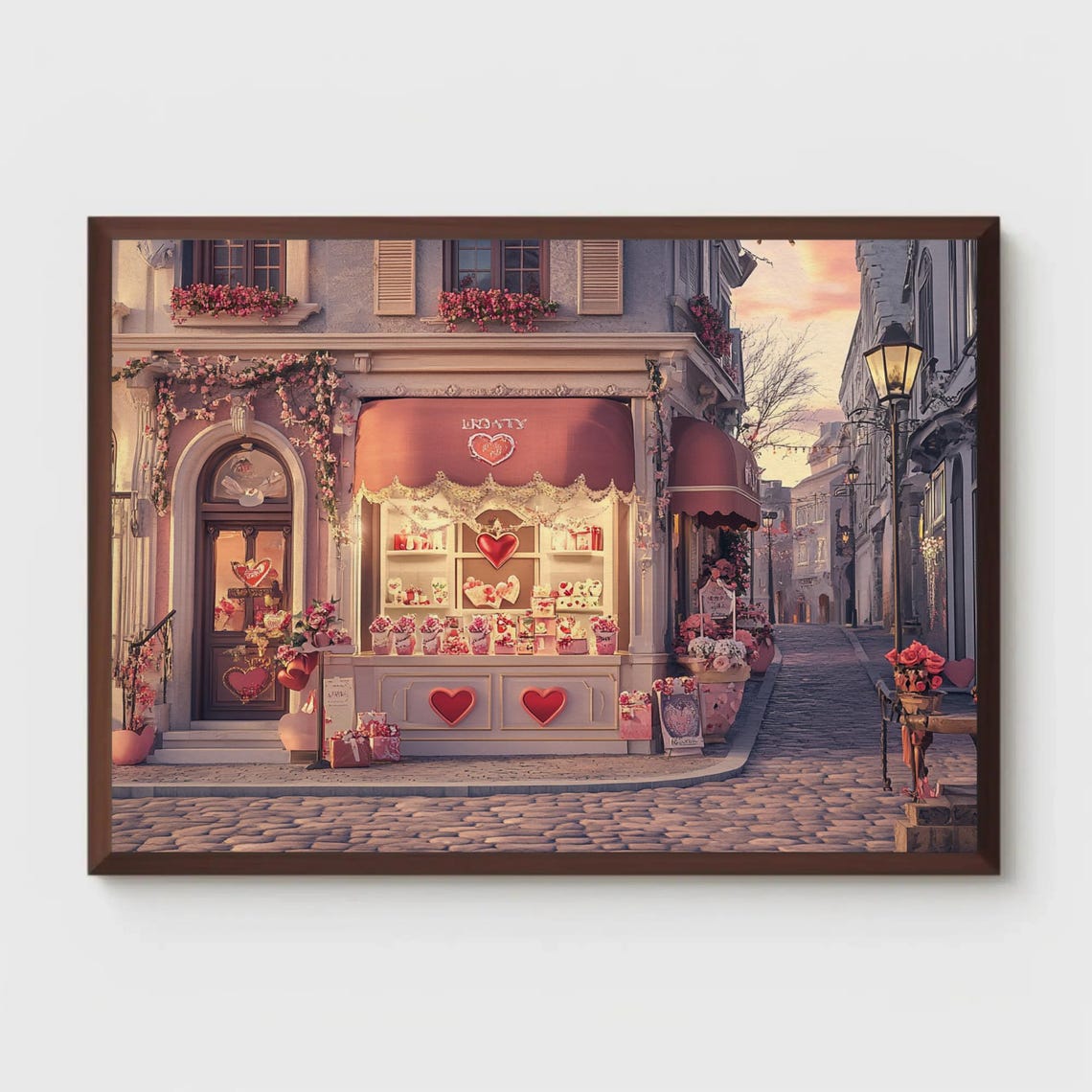 Charming Valentine Gift Shop on Cobblestone Street Hearts Poster