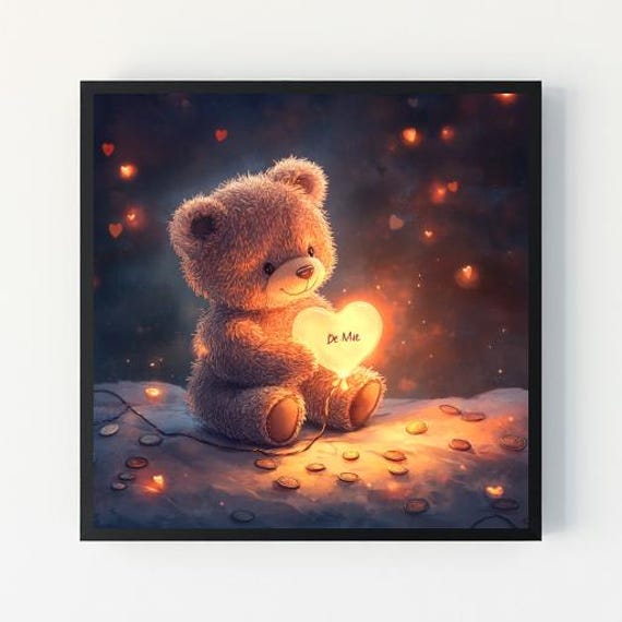 Adorable Teddy Bear With Heart Balloon Valentines Day Art Warm Glow Artwork Romantic Love Art Cute Valentine Gift