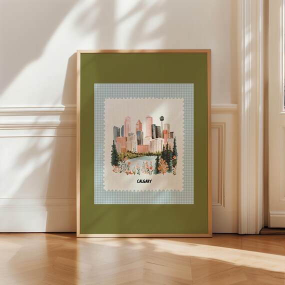 Calgary Canada Skyline Tower Stamp Style Green Mat Framed Poster