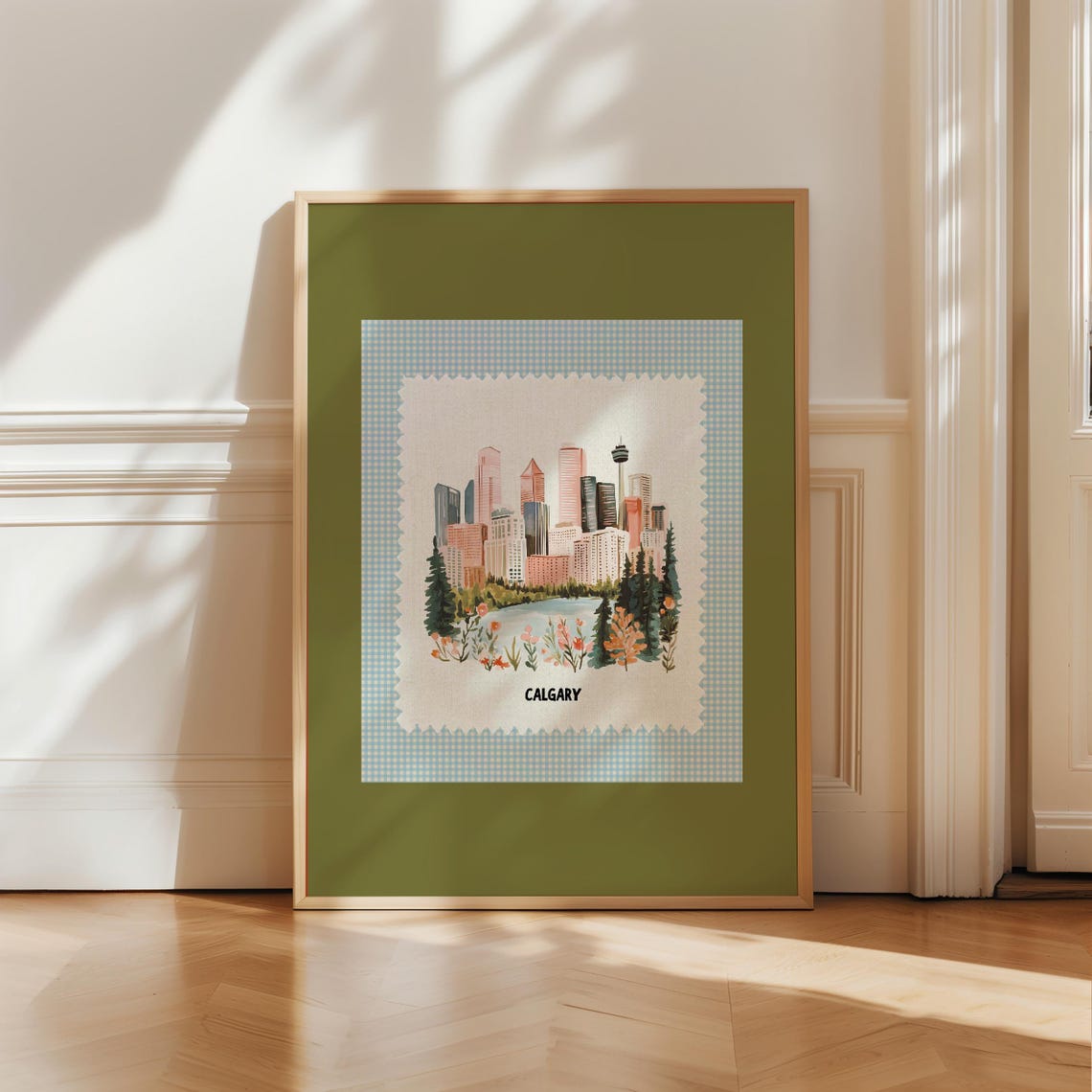 Calgary Canada Skyline Tower Stamp Style Green Mat Framed Poster