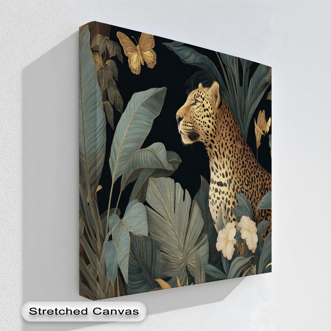 Golden Leopard Tropical Leaves Butterflies Dark Jungle Art Poster