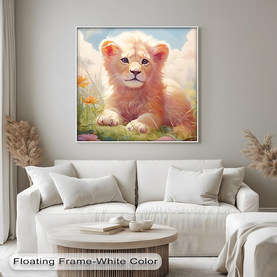 White Lion Cub in Flowers Dreamy Safari Nursery Animal Poster