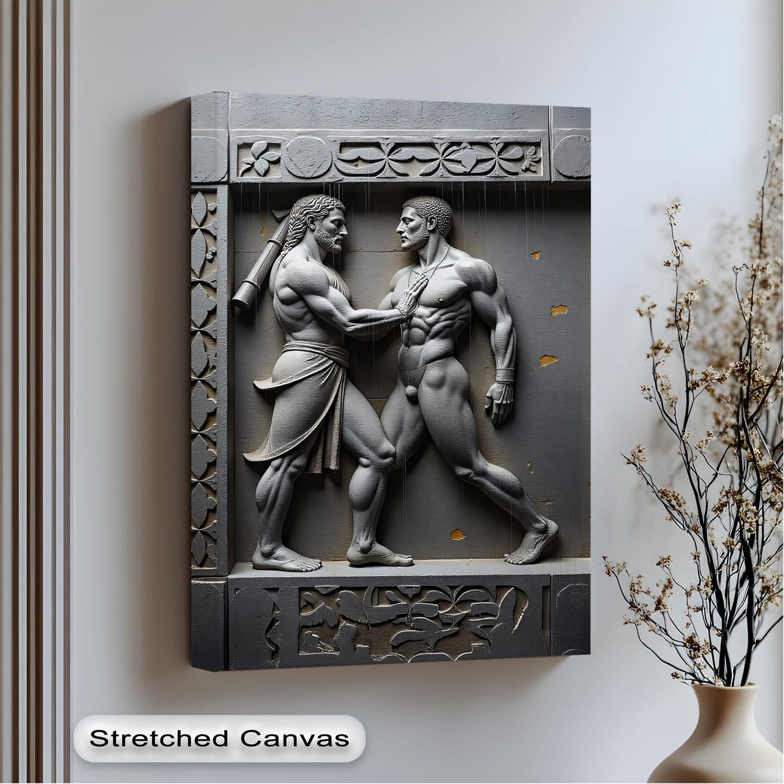 Ancient Warriors Handshake Gray Stone Relief Sculpture Wall Art