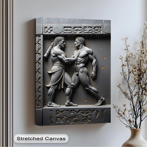 Ancient Warriors Handshake Gray Stone Relief Sculpture Wall Art