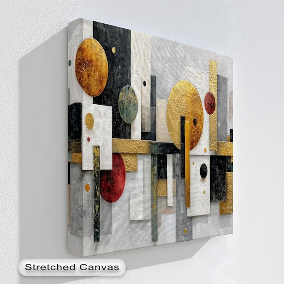 Geometric Abstract Canvas Wall Art Textured Circles And Rectangles Natural Frame