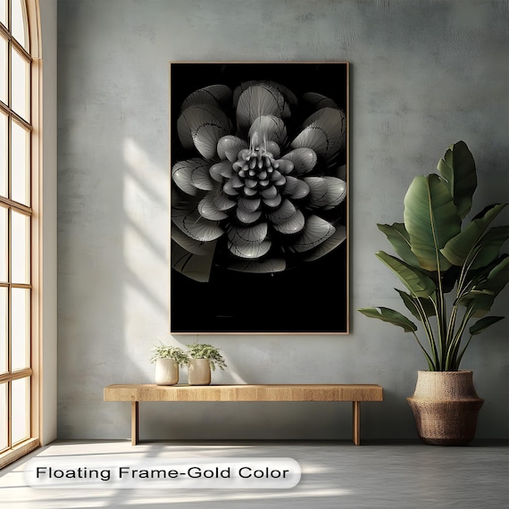 Elegant Abstract Flower Black And White Canvas Wall Art Monochrome Poster Framed Decor
