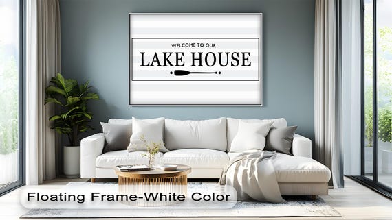 Lake House Welcome Sign Horizontal Wall Art Rustic Paddle Canvas In Floating Framed