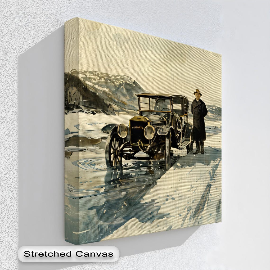 Antique Car In Snow Vintage Driver Winter Scene Classic Auto Print