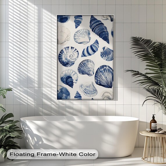 Blue Watercolor Seashells Coastal Bathroom Nautical Wall Art