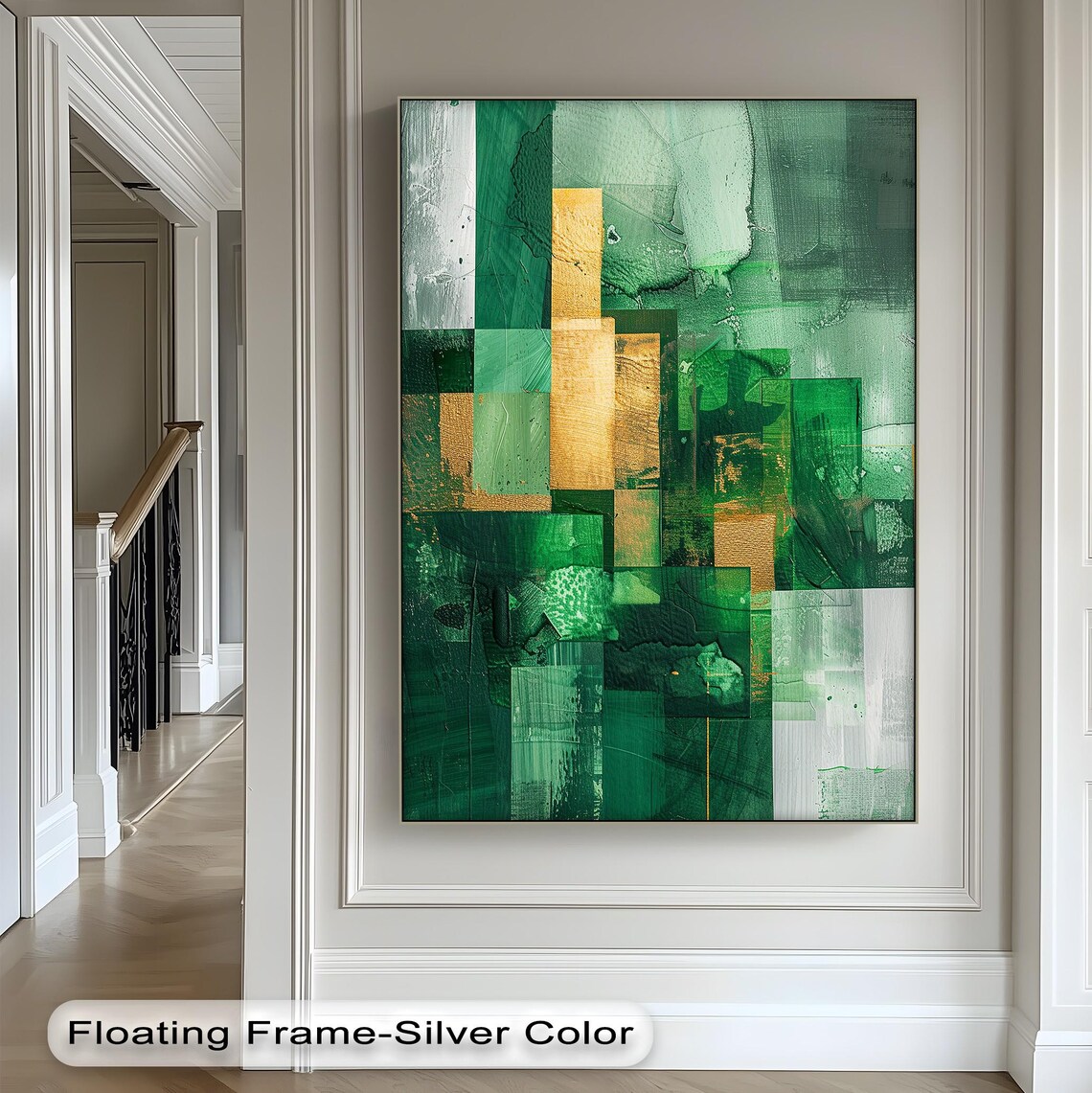Green Geometric Abstract Canvas Art Gold Frame Modern Statement Piece