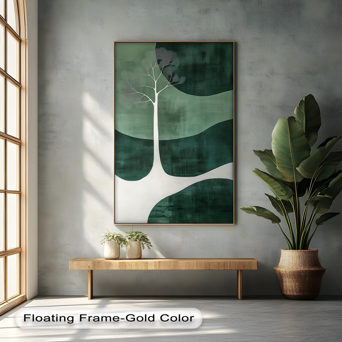 Minimalist Tree Canvas Art Abstract Green Landscape White Floating Frame