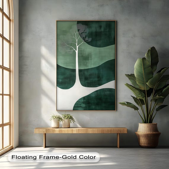Minimalist Tree Canvas Art Abstract Green Landscape White Floating Frame