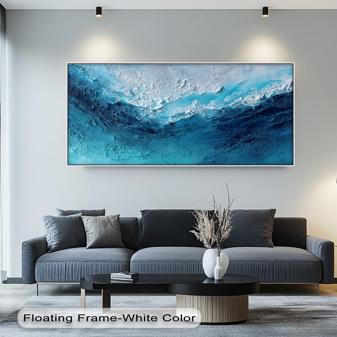 Textured Blue Ocean Wave Abstract Panoramic Impasto Seascape Wall Art