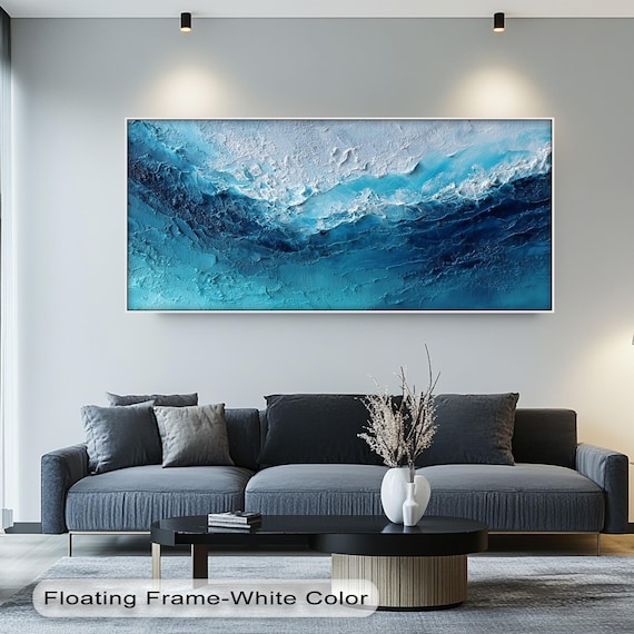 Ocean Wave Canvas Wall Art Blue Abstract Coastal Decor With Floating Frame